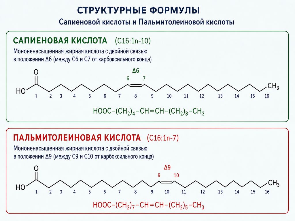 Сравнение сапиеновой и пальмитолеиновой кислот Сравнение сапиеновой и пальмитолеиновой кислот